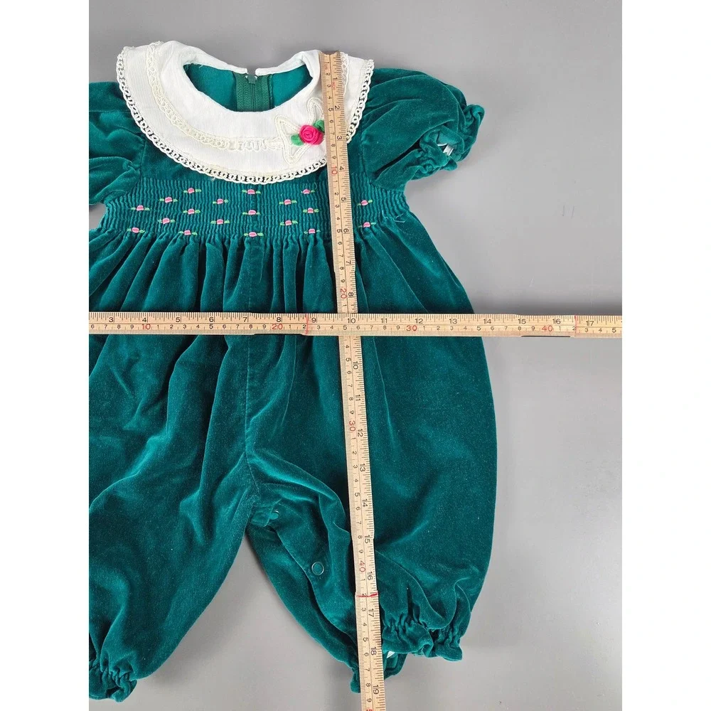 Vintage Green Velvet Baby Bubble Romper Lace Collar Floral Smocking 6 Mos